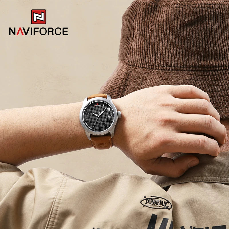 NAVIFORCE-Relógio de pulso de couro impermeável masculino, quartzo, relógio esportivo, moda de luxo, alta qualidade, masculino